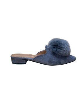 Giuseppe Zanotti Women’s Gray Faux Suede Pom-Pom Almond Toe Slip-On Mules Size 9